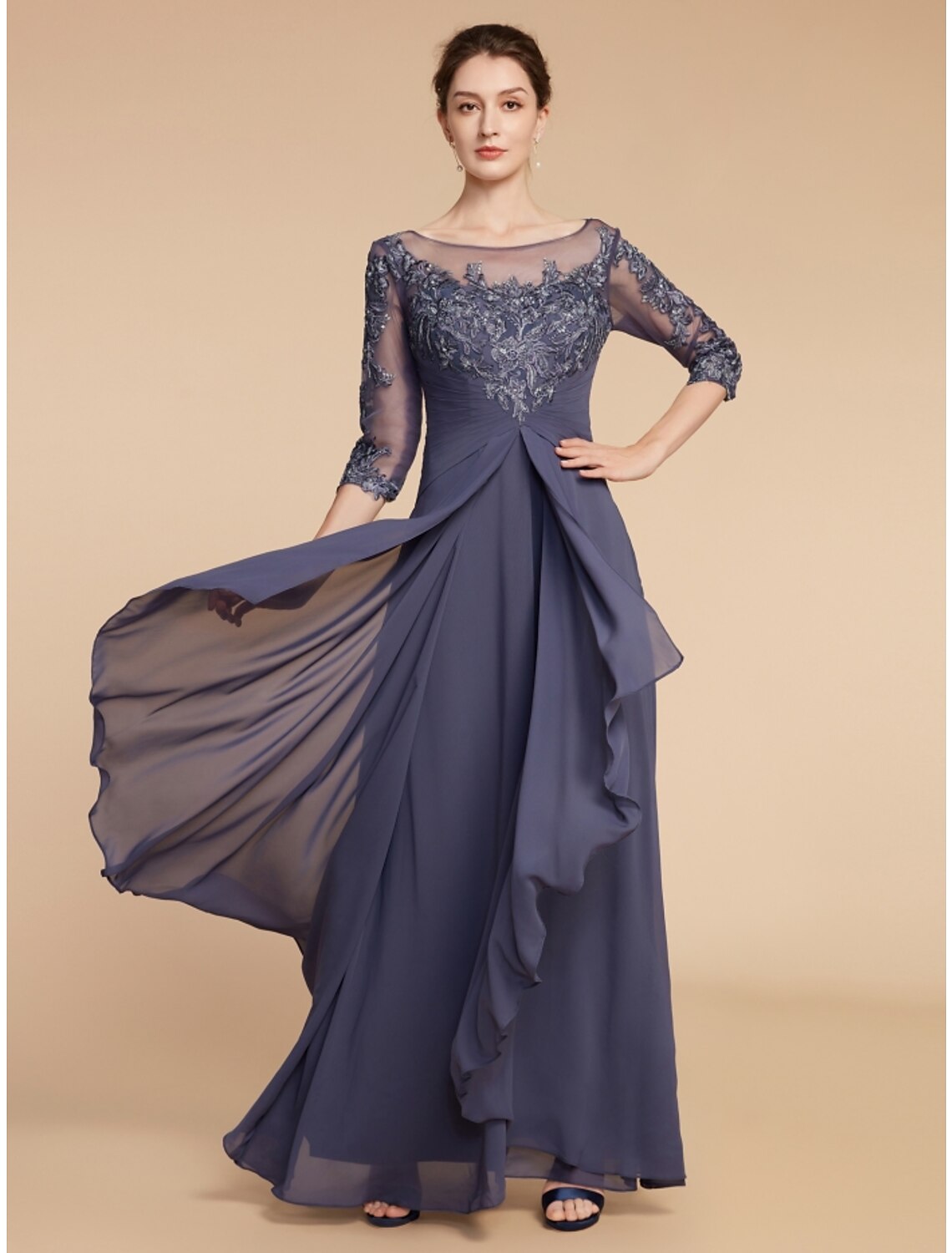 Wholesale Sheath / Column Mother of the Bride Dress Wedding Guest Elegant Vintage Scoop Neck Ankle Length Chiffon Lace Half Sleeve with Ruffles Ruching